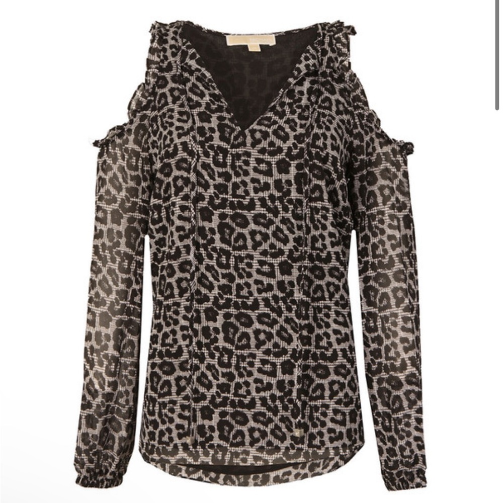 michael michael kors cold shoulder black and white leopard print  blouse